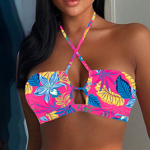 Damen Bandeau-Bikini-Top mit kreativem Kreuzdesign und Blätterprint Drune