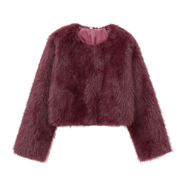 Damen 400+ kurze Kunstfelljacke im Cropped‑Cut mit V‑Ausschnitt und gerade geschnittenen Ärmeln Drune