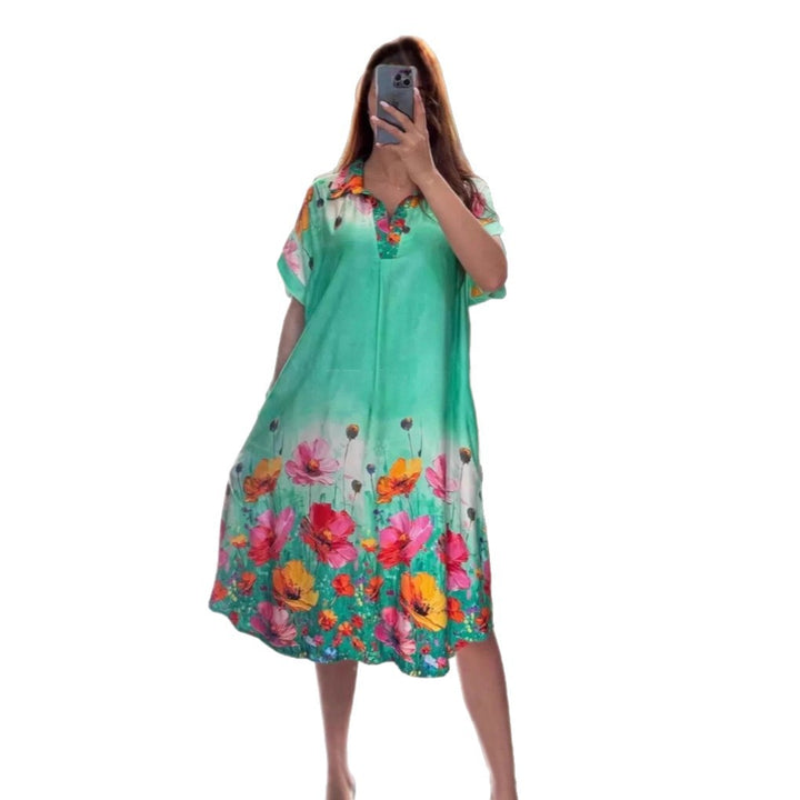 Damen nan leichtes Hemdblusenkleid mit floralem Bordürenprint, offenem V‑Ausschnitt und Einschubtaschen Drune