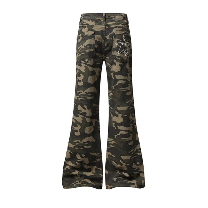 Damen Weite High‑Waist Palazzo‑Jeans im Camouflage‑Print mit Stern‑ und Schriftapplikationen, Schlaghose Drune