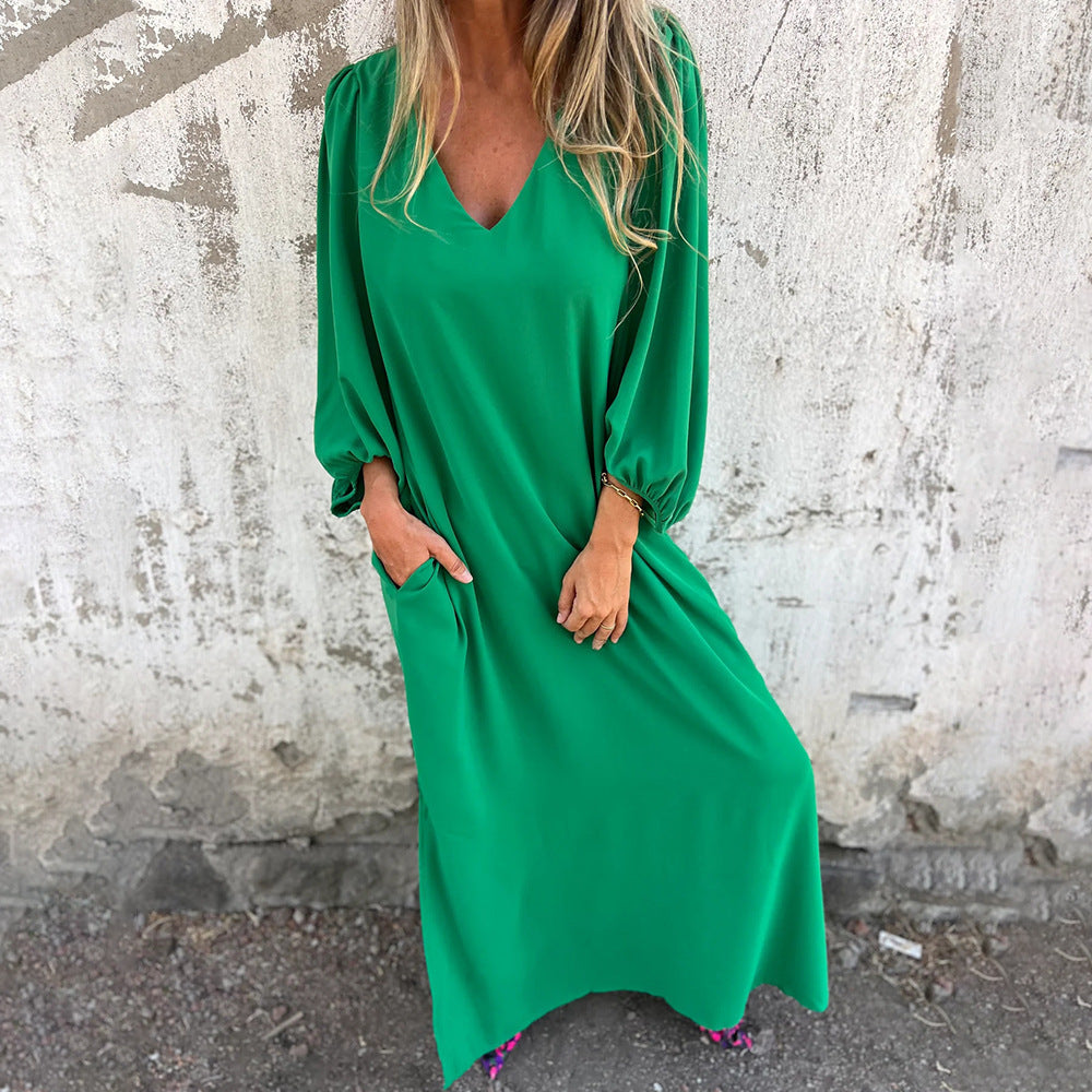 Damen Elegantes Midi-Kleid mit V-Ausschnitt und Puffärmeln Drune
