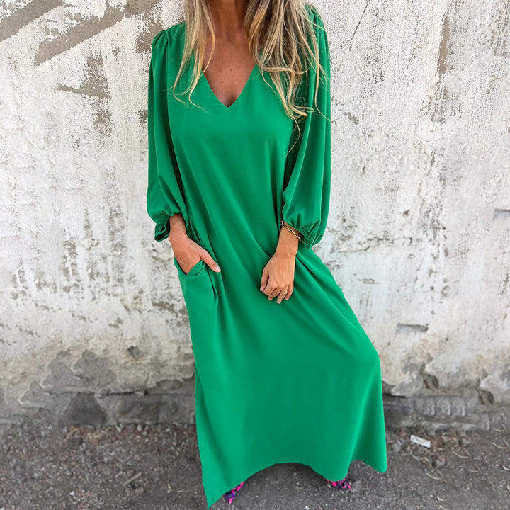Damen Elegantes Midi-Kleid mit V-Ausschnitt und Puffärmeln Drune