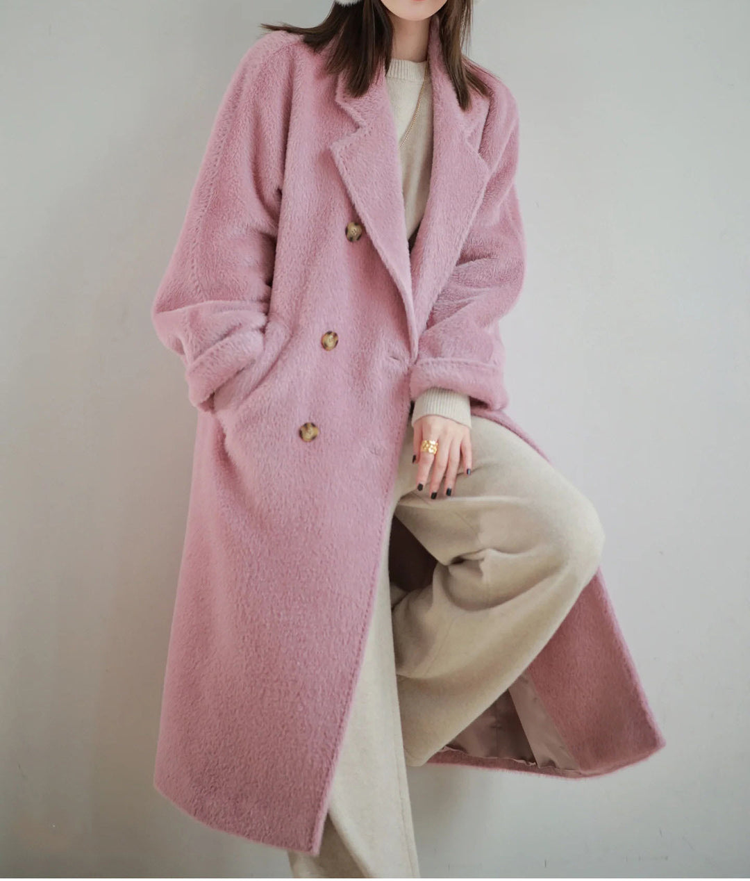 Damen Modischer und eleganter Bouclé-Mantel mit doppelter Knopfleiste Drune