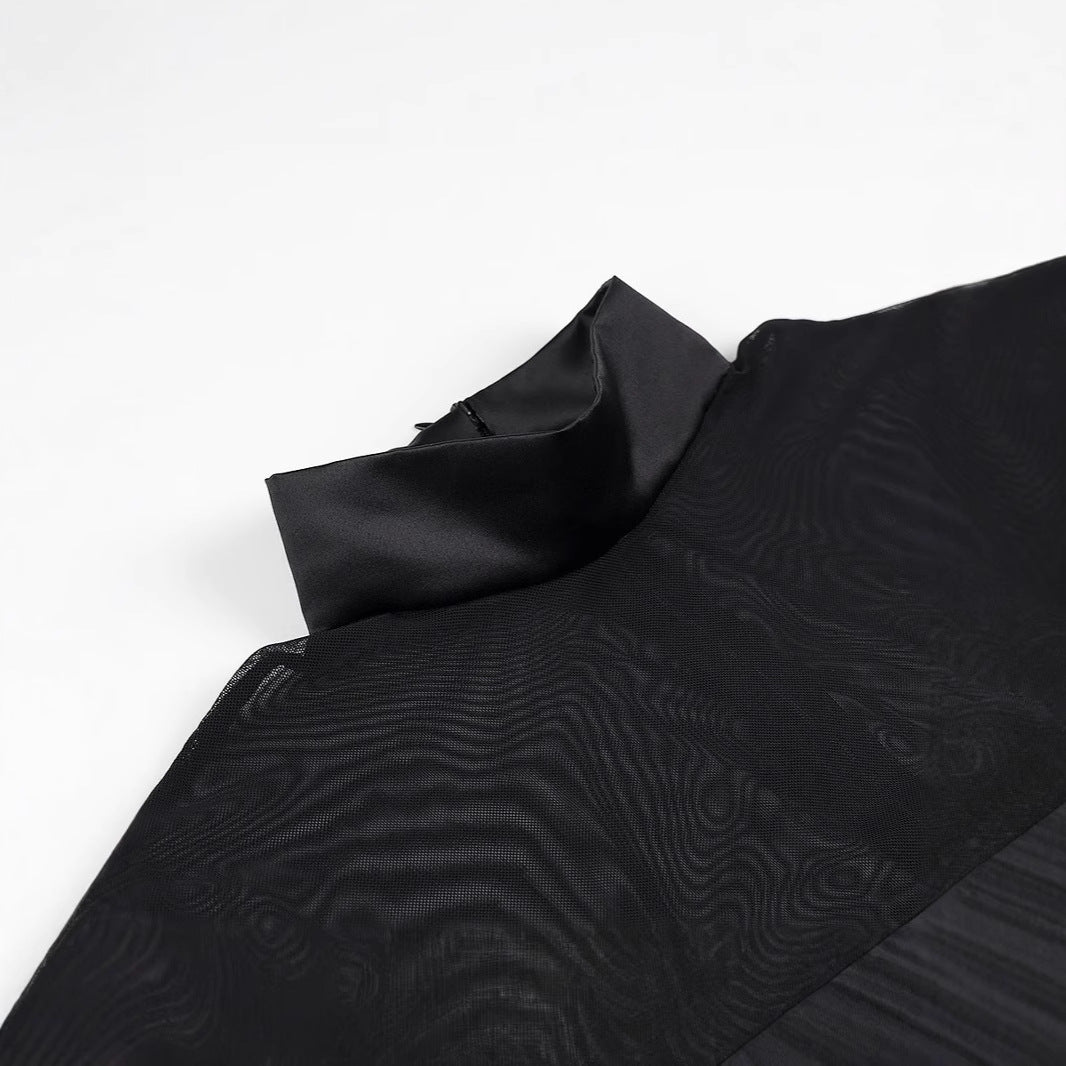 Damen Kurzabendkleid mit Stehkragen, transparenten Mesh-Ärmeln und Korsagen-Optik Drune