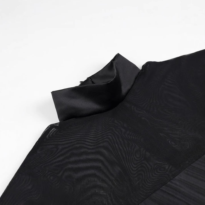 Damen Kurzabendkleid mit Stehkragen, transparenten Mesh-Ärmeln und Korsagen-Optik Drune