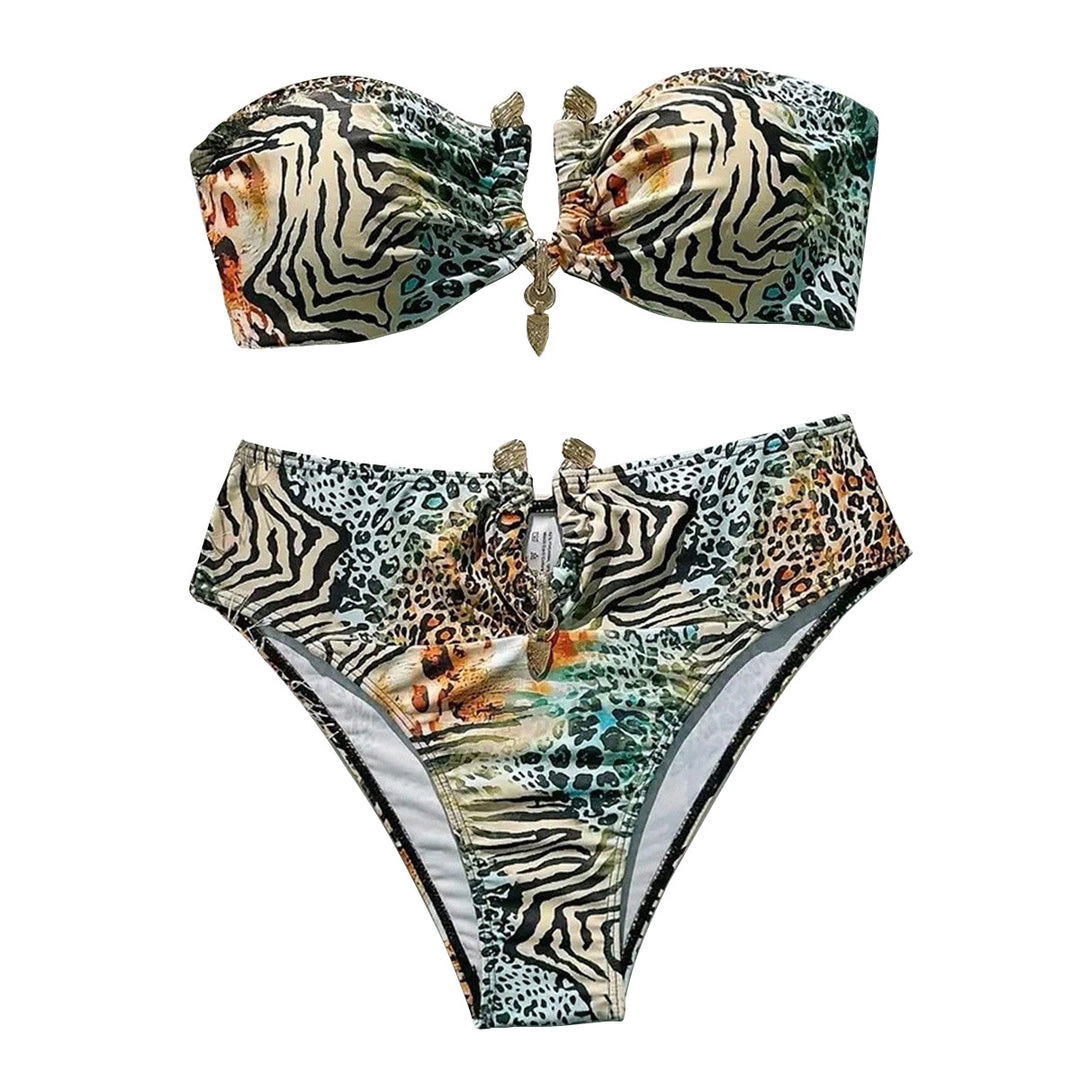 Damen Bandeau-Bikini mit animalischem Muster und dekorativem Verschluss Drune