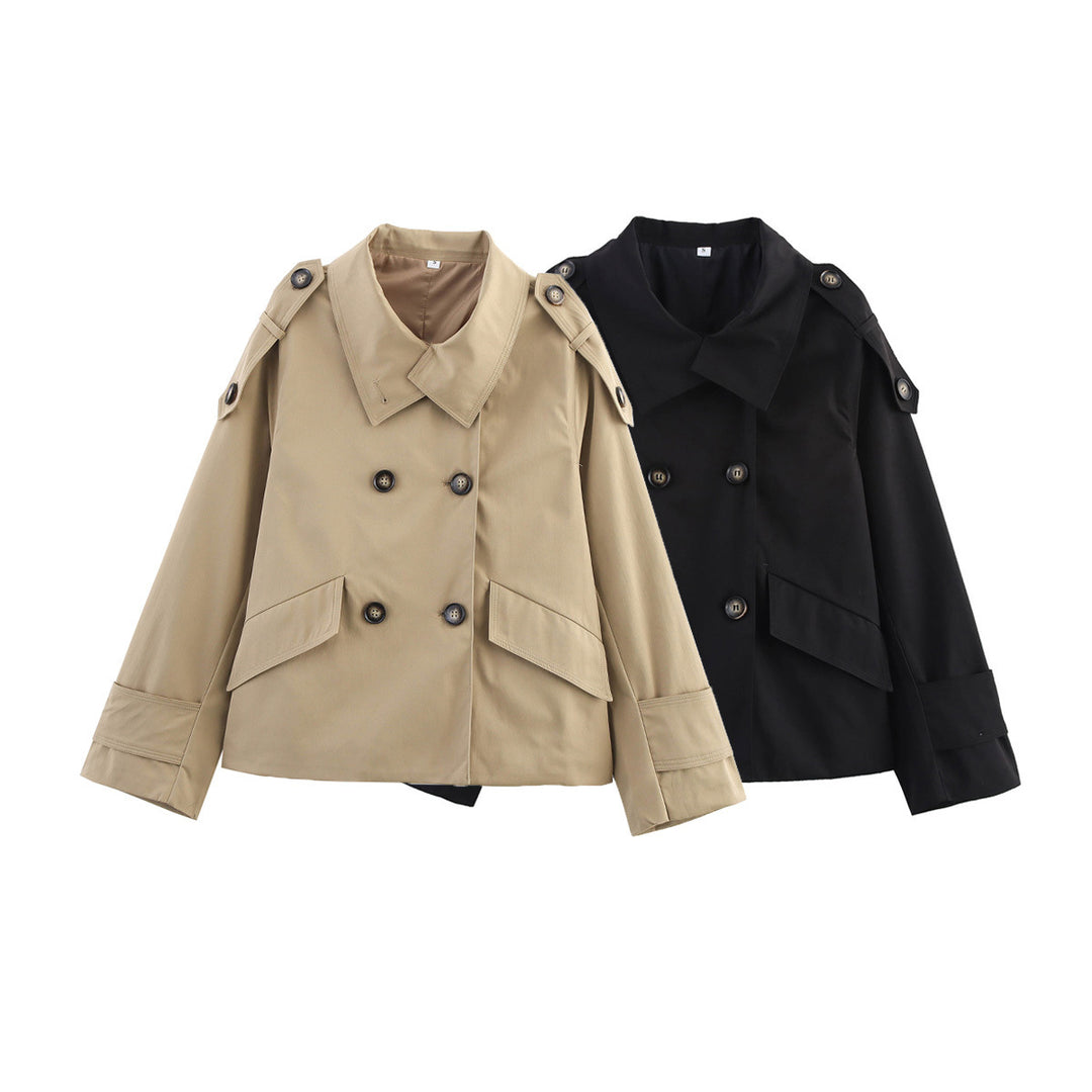 Damen nan kurzes doppelreihiges Trenchjacke im Boxy-Cut mit Schulterklappen, Pattentaschen und verstellbaren Manschetten Drune