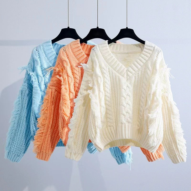 Damen gestrickter Pullover mit auffälligen Fransen und Zopfmuster Drune