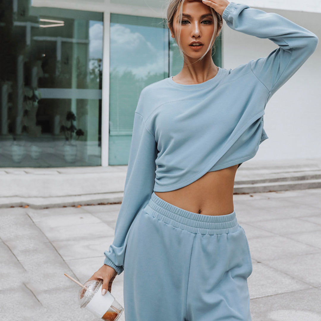 Damen weites Lounge-Set mit Cropped-Oversize-Pullover und High-Waist Palazzo-Hose Drune