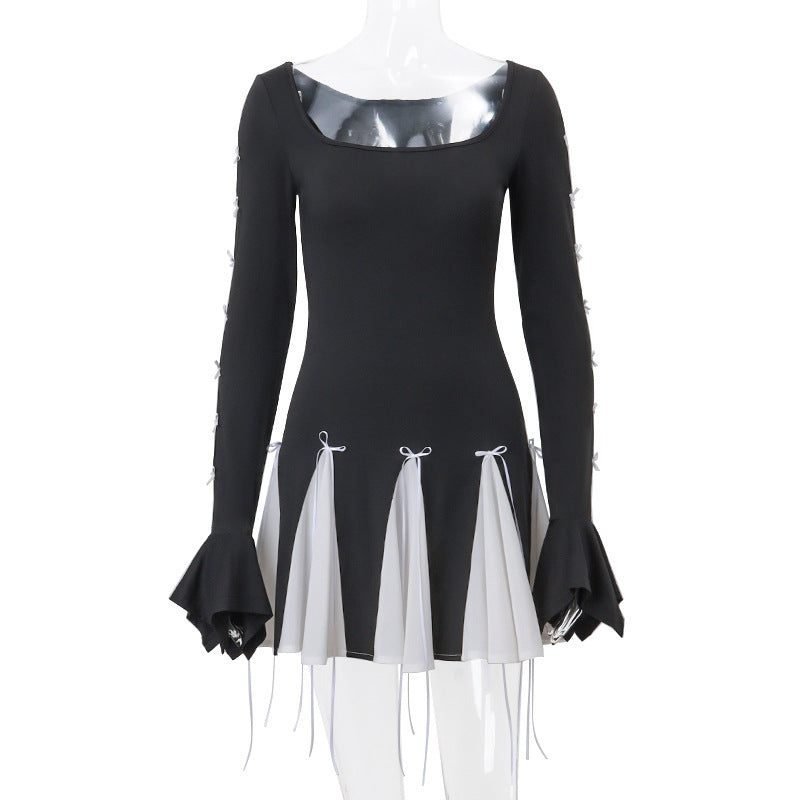 Damen Skaterkleid mit kontrastierenden Rüschendetails und lange Ärmel Drune