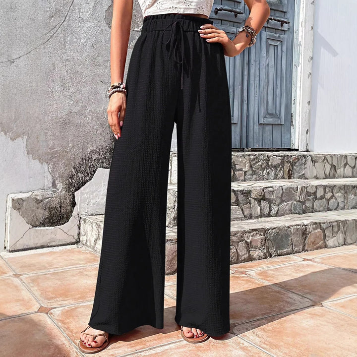 Damen Leichte Palazzo-Loungehose mit strukturierter Crinkle-Optik, hohem Gummibund und Kordelzug Drune