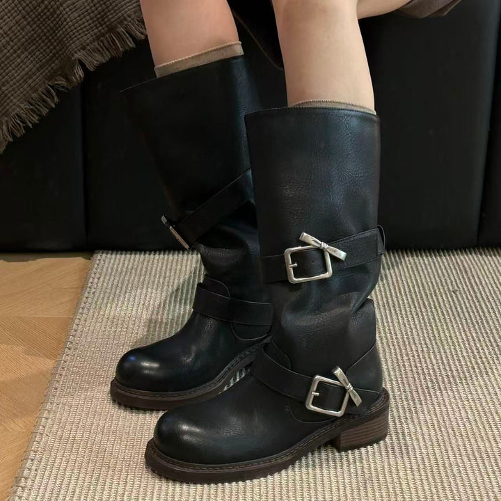 Damen modische Stiefel mit verstellbaren Riemen und komfortablem Blockabsatz Drune