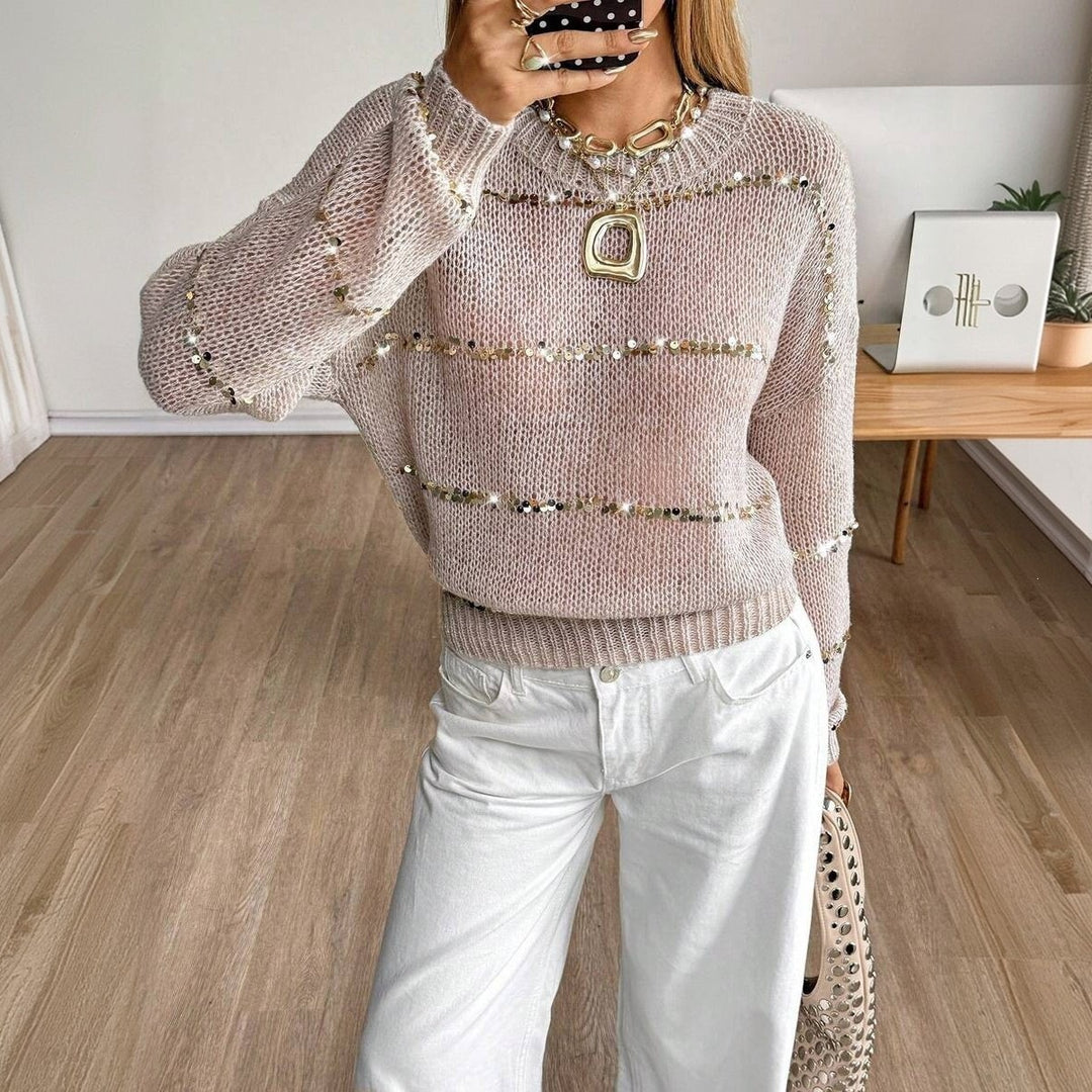 Damen Grobstrick-Pullover mit Paillettenstreifen, Oversize-Schnitt & Rundhalsausschnitt Drune