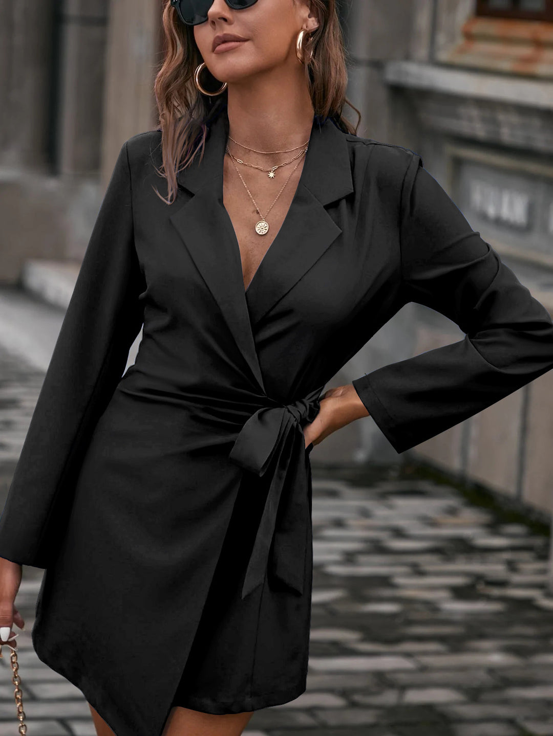 Damen Wickelkleid mit modischem Reverskragen und seitlichem Bindegürtel Drune
