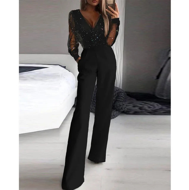 Damen Elegante Jumpsuit mit transparenter Bluse und schimmernden Akzenten Drune