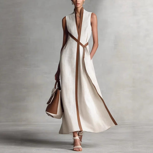 Damen elegantes Maxikleid mit Taillenschnitt und schmalem Gürtel Drune