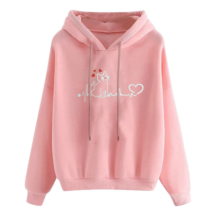 Damen nan leichter Oversize Kapuzenpullover mit Herz‑EKG‑Motiv, langen Kordeln und elastischem Bund Drune