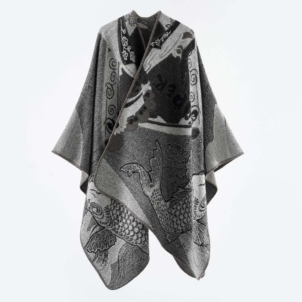 Damen Jacquard-Strick Cape mit Koi-Motiv und weitem Oversize-Fall Drune