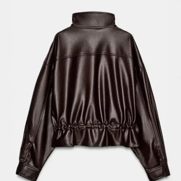 Damen Cropped Kunstleder‑Blouson mit Stehkragen, Pattentaschen und Tunnelzugtaillierung Drune