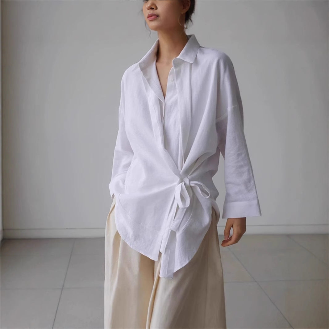 Damen Wickel-Langbluse aus Leinenmix mit Seitenschleife und Oversize-Schnitt Drune