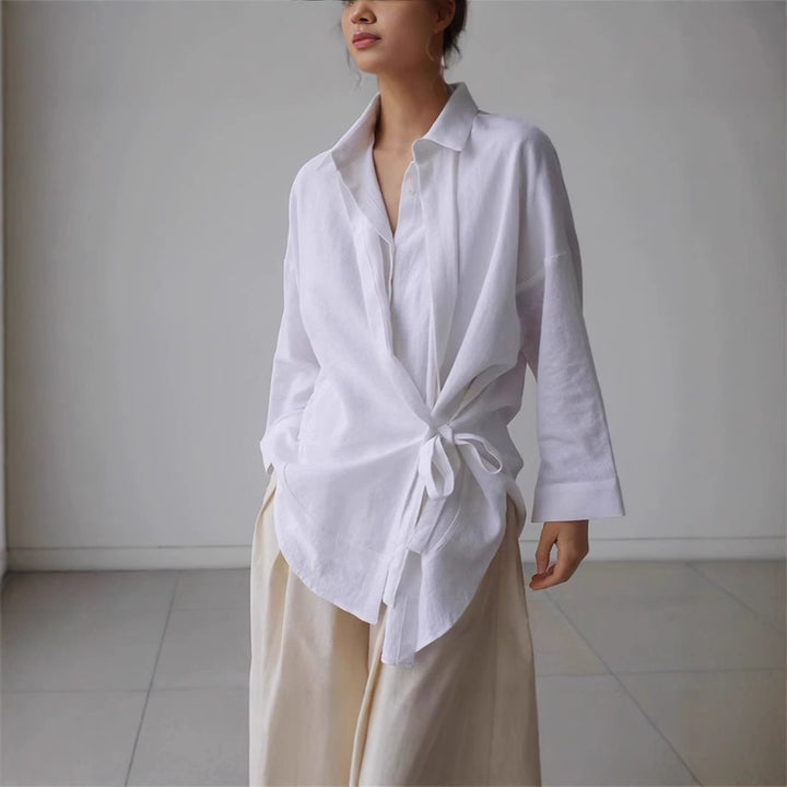 Damen Wickel-Langbluse aus Leinenmix mit Seitenschleife und Oversize-Schnitt Drune
