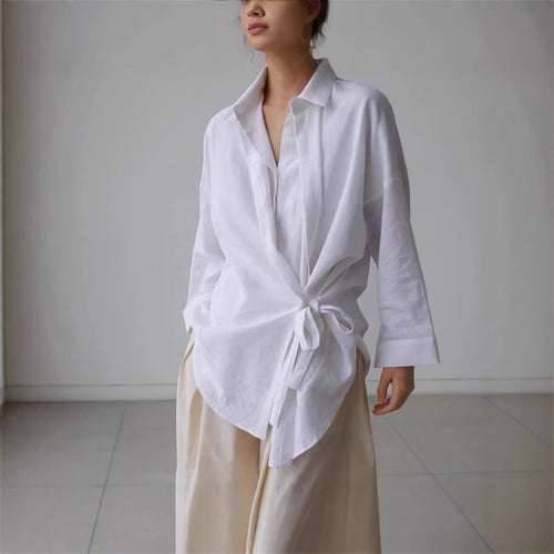 Damen Wickel-Langbluse aus Leinenmix mit Seitenschleife und Oversize-Schnitt Drune