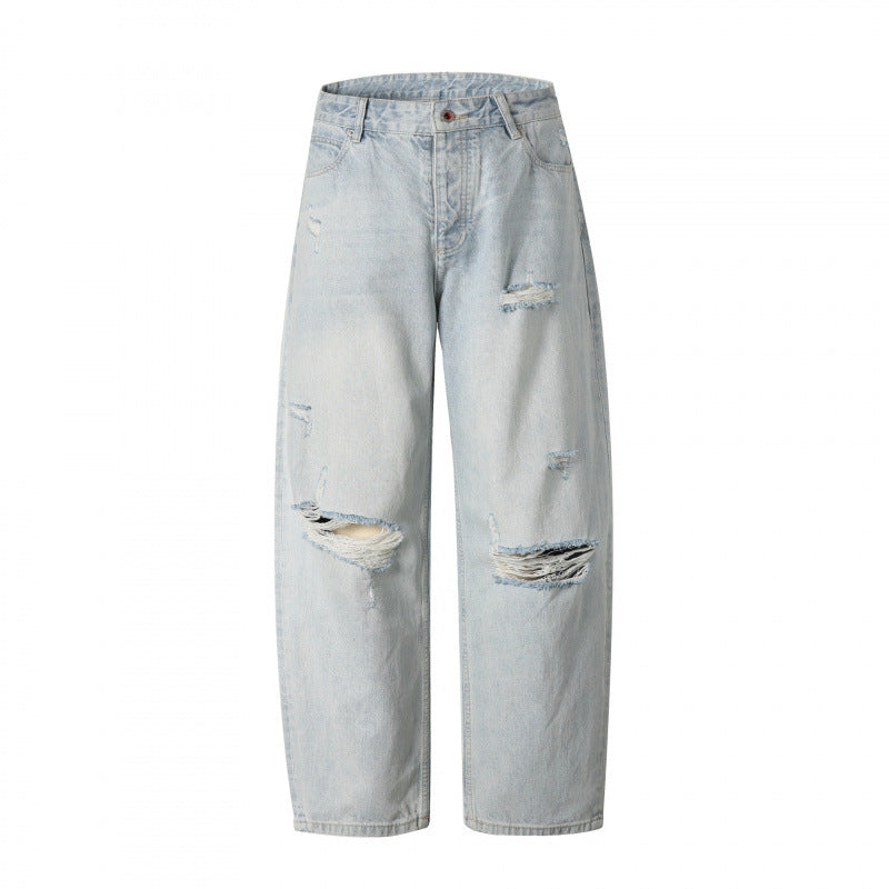 Damen Baggy-Denimhose mit hohem Bund, Destroyed-Details und geradem Bein Drune
