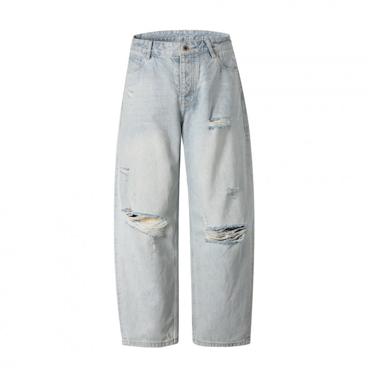 Damen Baggy-Denimhose mit hohem Bund, Destroyed-Details und geradem Bein Drune