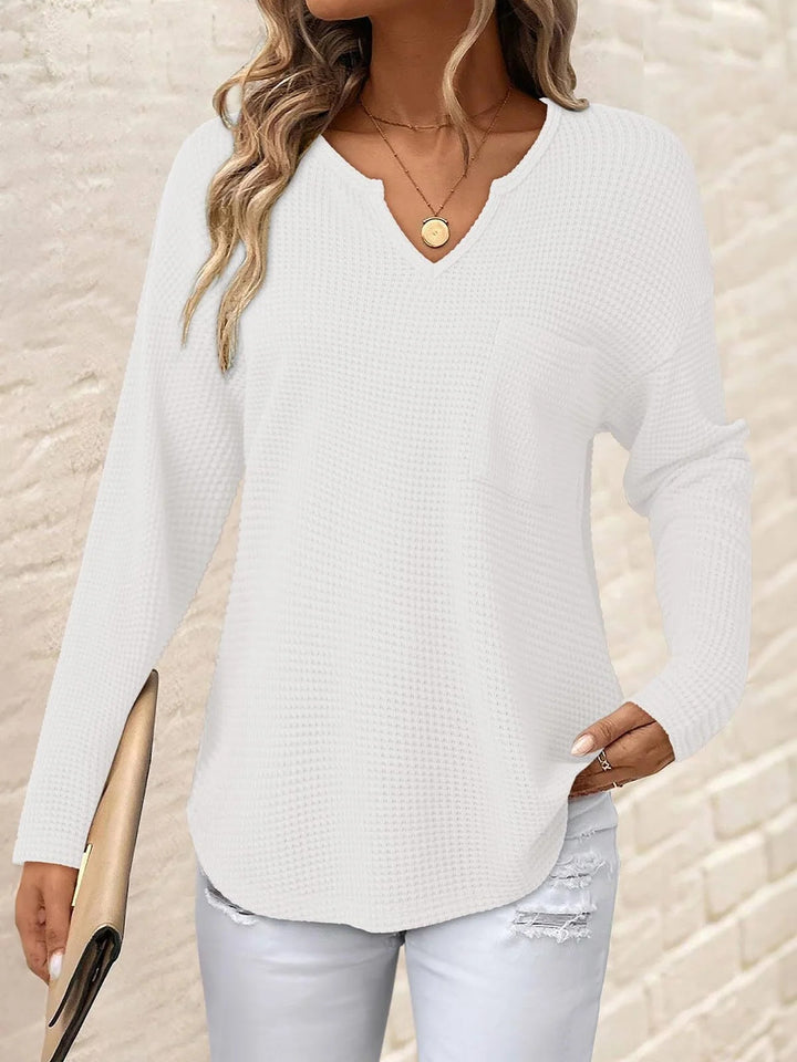 Damen Waffelstrick-Longsleeve mit V-Notch, Brusttasche und legerer Oversize-Passform Drune