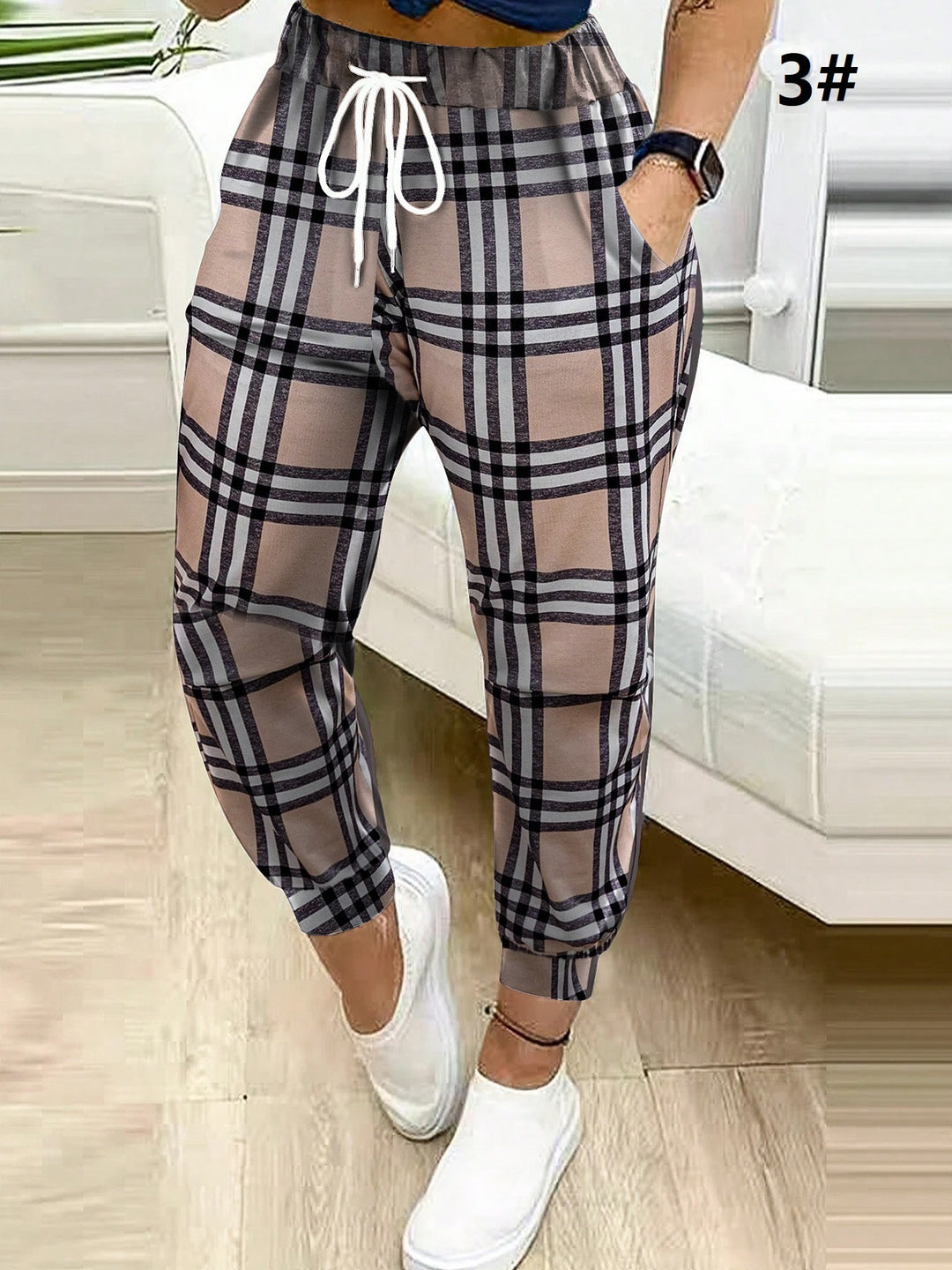 Damen Gemusterte Relax-Jogginghose mit Tunnelzug, Eingrifftaschen und Elastikbündchen Drune