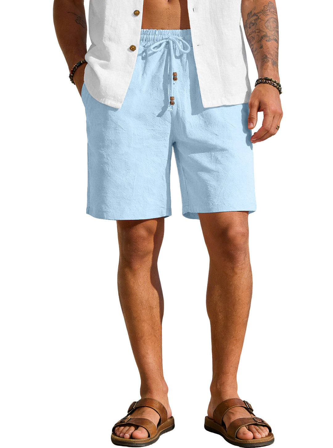 Herren nan leichte Strand-Bermuda aus Leinenmix mit Elastikbund Kordelzug und Zierknopfleiste Drune