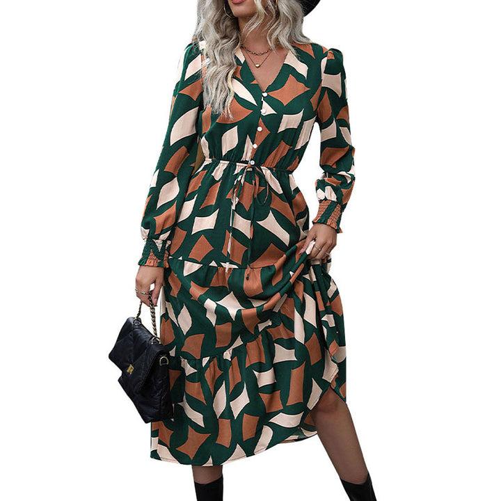 Damen Langes Stufen-Maxikleid mit grafischem Print, V-Ausschnitt, Kordelbund und gerafften Manschetten Drune