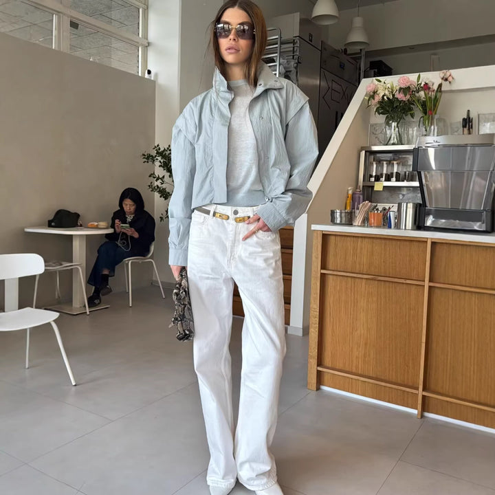 Damen Cropped-Übergangsjacke mit Stehkragen und gerafften Schulterdetails Drune