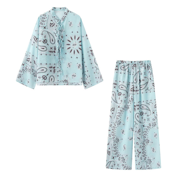 Damen Zweiteiliges Satinoptik-Lounge-Set mit Paisley-Print, Kimonokragen-Bluse und weiter Culotte-Hose Drune