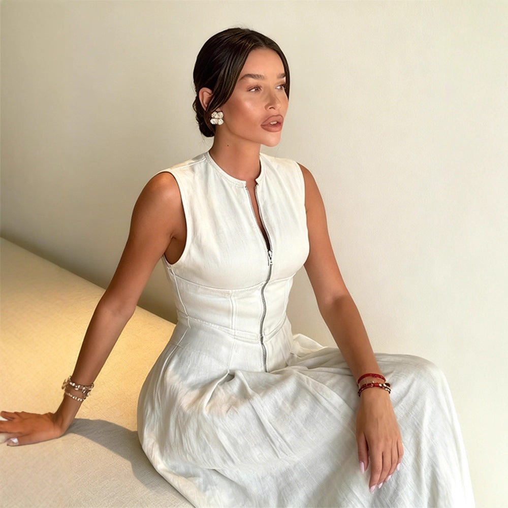 Damen elegantes Sommerkleid mit hochwertigem Reißverschluss und schwingendem Saum Drune