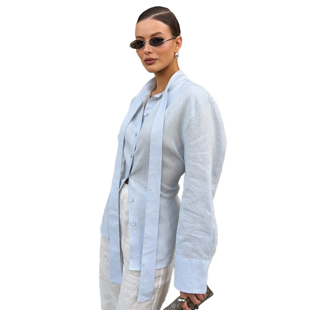 Damen elegante Bluse mit taillierten Riemen und Knopfdetails Drune