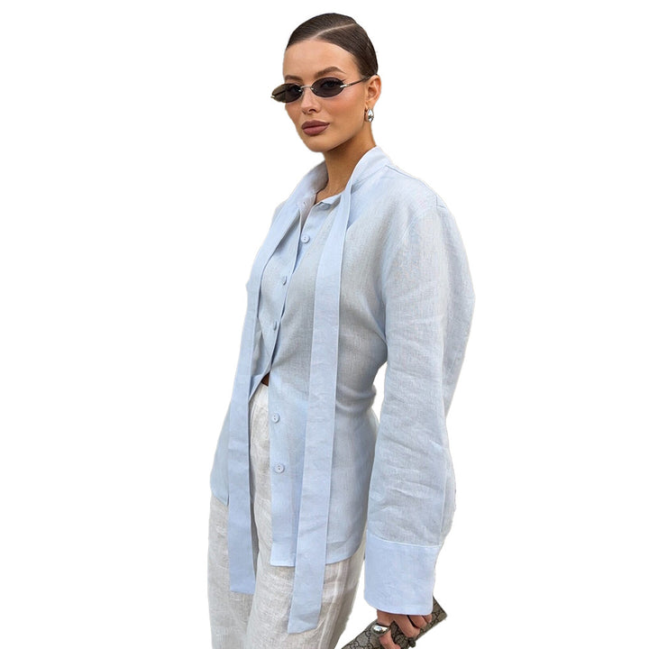 Damen elegante Bluse mit taillierten Riemen und Knopfdetails Drune