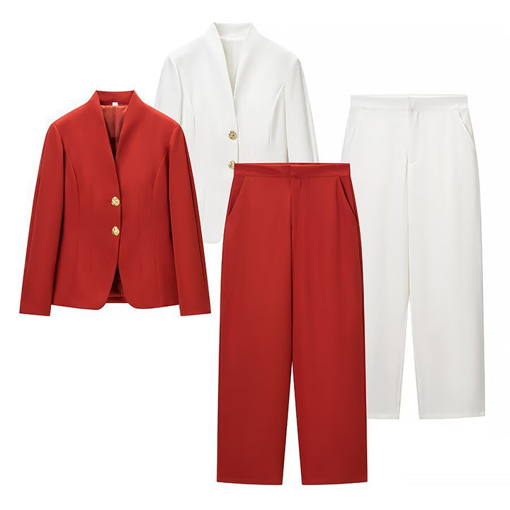 Damen Zweiteiliges Tailored-Blazer- und Highwaist-Hosen-Set mit goldknopf-Detail Drune