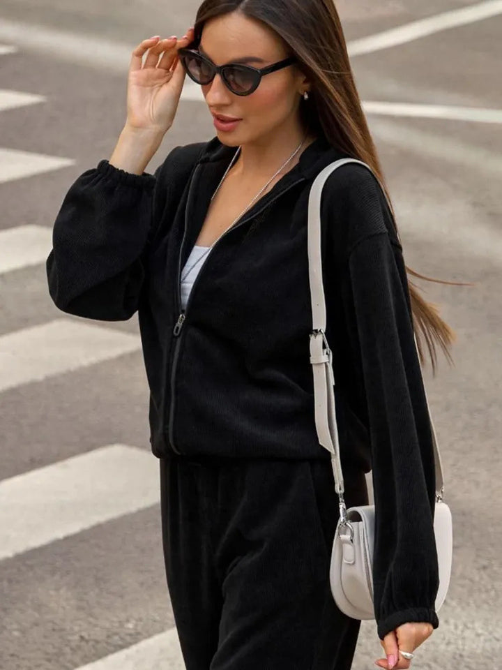 Damen nan kurzes Kapuzen-Loungewear-Set mit durchgehendem Reißverschluss, elastischem Komfortbund und gerippter Struktur Drune