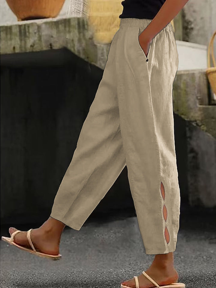 Damen Leichte Leinenhose mit seitlichen Schlitzen und elastischem Bund Drune