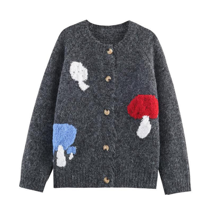 Damen Strickjacke mit bunten Pilzmotiven und bequemen Knopfdetails Drune