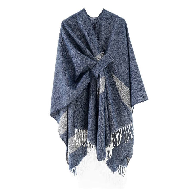 Damen Cape-Poncho mit Bindegürtel, asymmetrischem Zipfelsaum und Fransensaum Drune