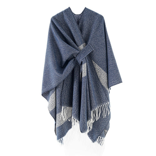 Damen Cape-Poncho mit Bindegürtel, asymmetrischem Zipfelsaum und Fransensaum Drune