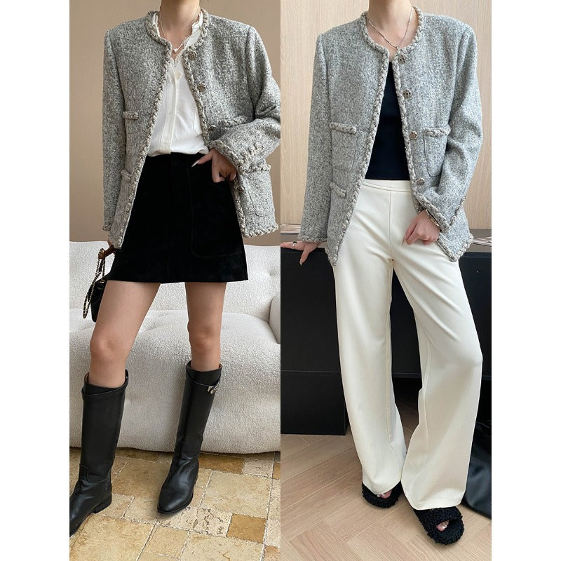 Damen eleganter Boucle-Blazer mit verzierten Knöpfen Drune