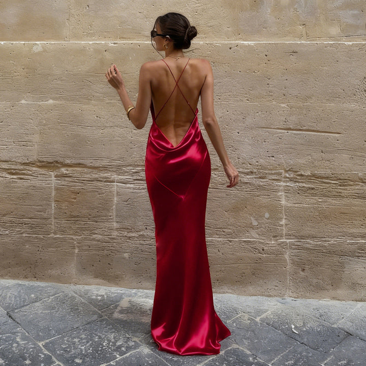 Damen Maxi-Kleid mit tiefem V-Ausschnitt und fließendem Saum Drune