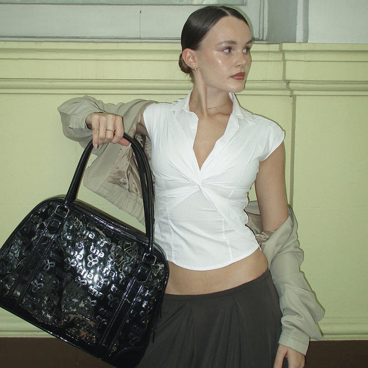 Damen elegante Kurzarmbluse mit knotenförmigem Design Drune