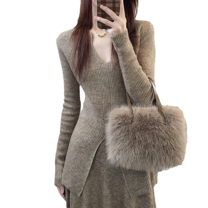 Damen Rippstrickpullover mit tiefem V-Ausschnitt und lässigem Schnitt Drune