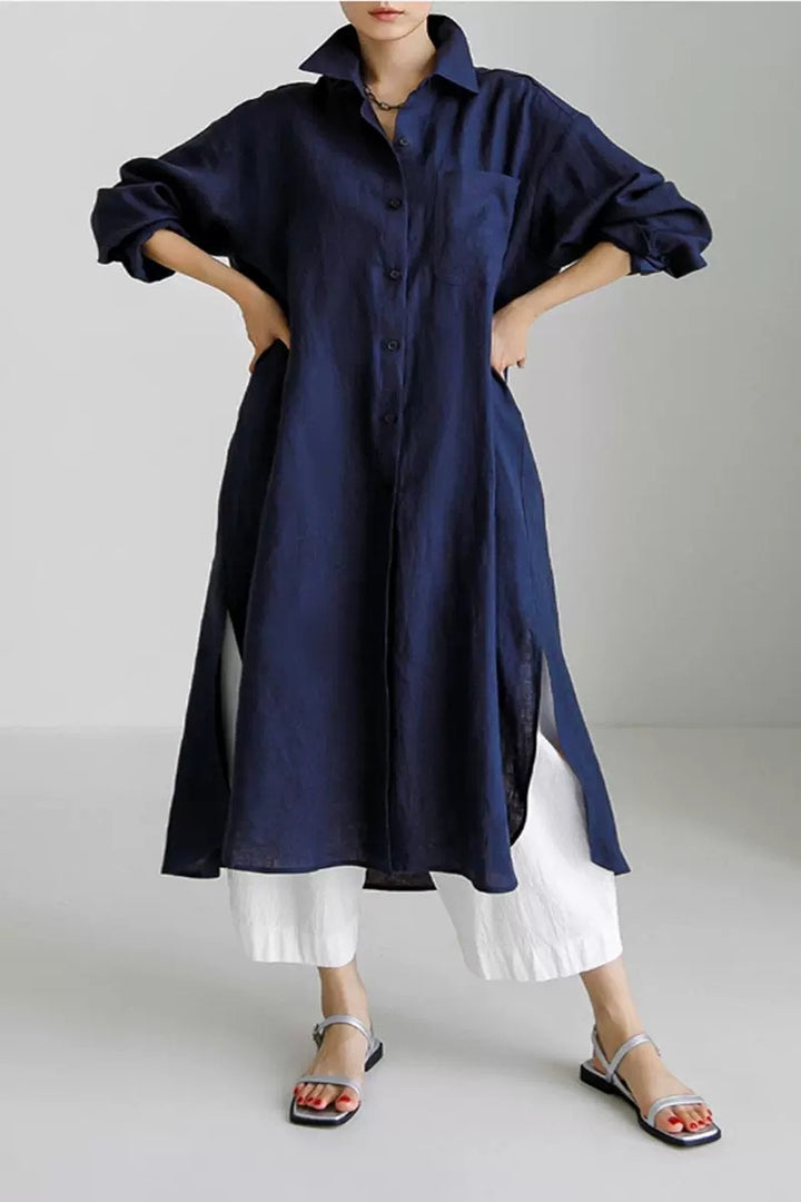 Damen Oversize-Leinen-Hemdmaxikleid mit Stehkragen, Krempelärmeln und hohen Seitenschlitzen Drune