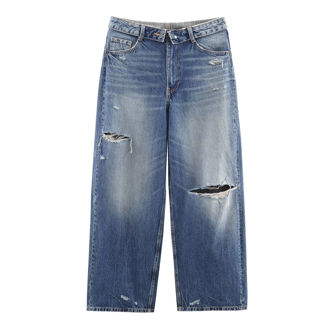Damen nan weite hochgeschnittene Vintage-Jeans mit Destroyed-Effekten Drune