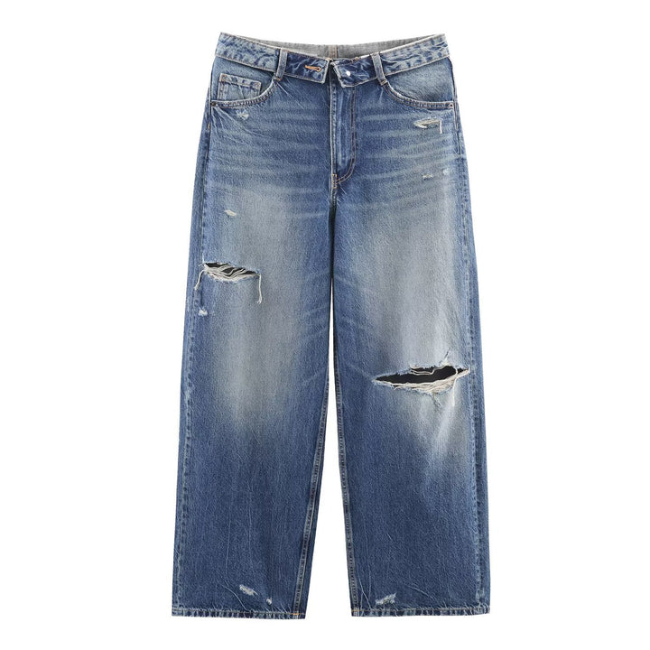 Damen nan weite hochgeschnittene Vintage-Jeans mit Destroyed-Effekten Drune